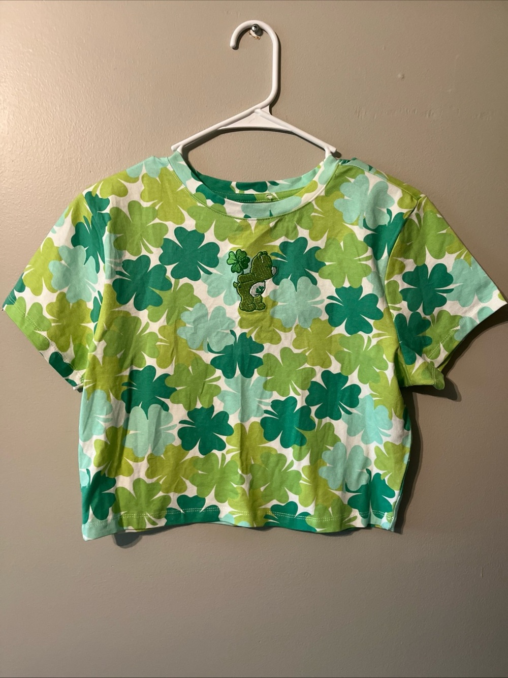 Women’s Care Bears Lucky Four Leaf Clover Cotton Blend Green Crop T-Shirt Large